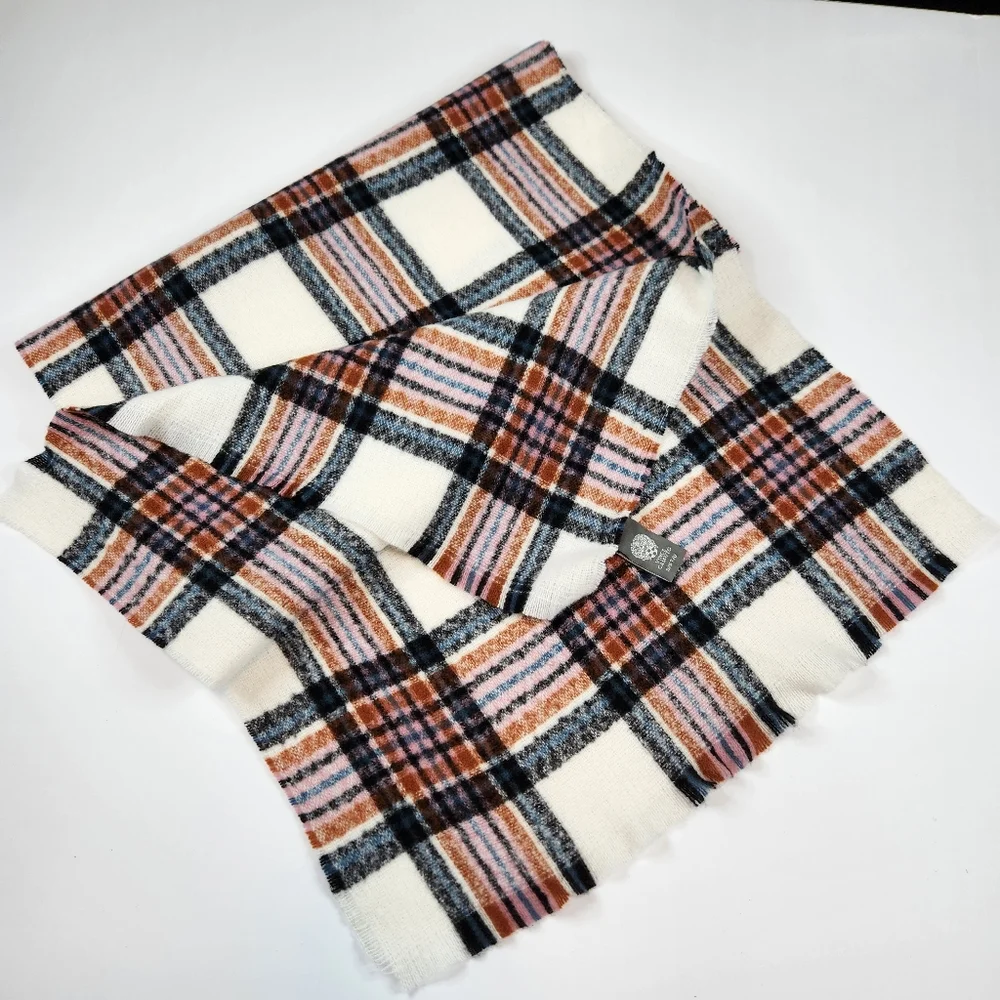 Vince Camuto Soft Warm Plaid Blanket Scarf Brown Orange Pink Blue Black